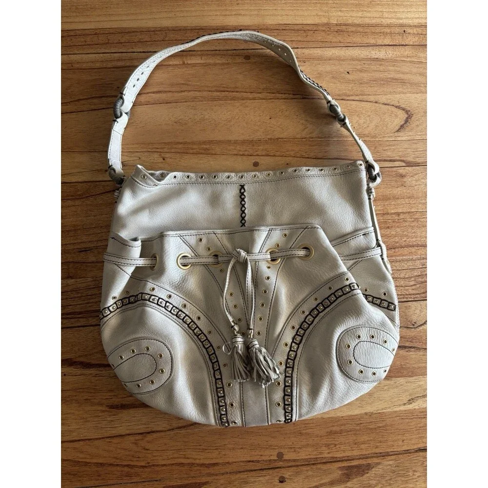 Cole Haan Light Beige Leather Shoulder Purse Whipstitch Detail